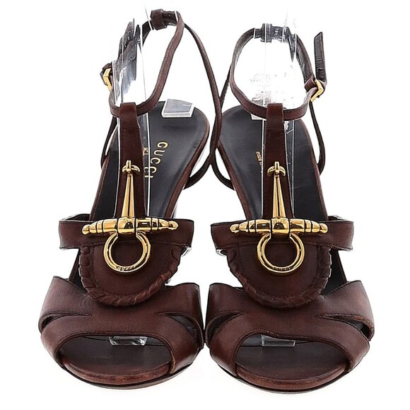 Gucci Hasler Horsebit Brown Leather Heeled Sandals - Picture 1 of 6
